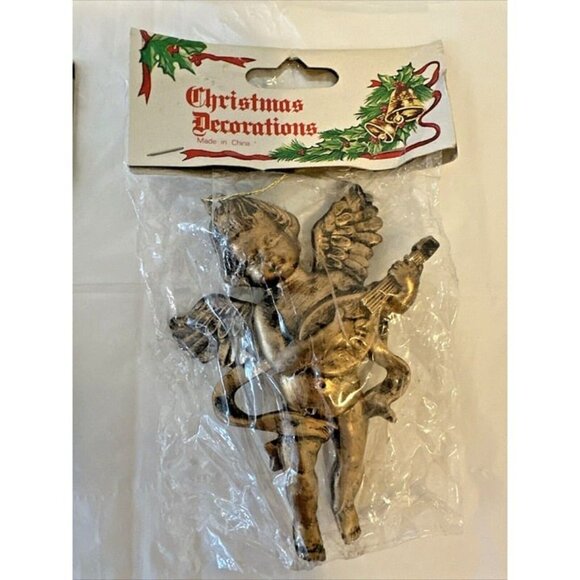 4 Vintage Christmas Ornaments Gold Cherubs Angels 4” Playing Musical Instruments - Picture 5 of 6